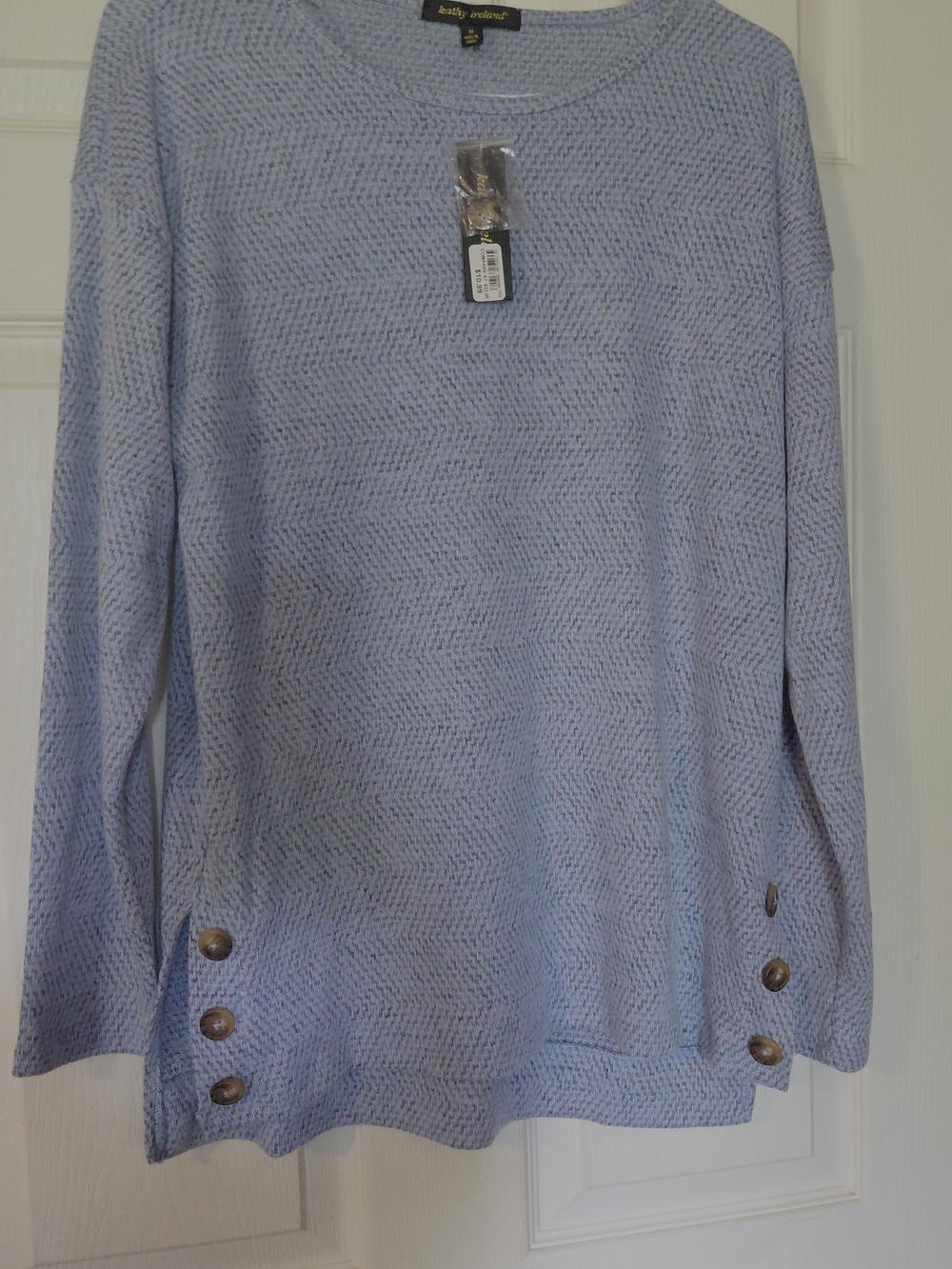 kathy ireland Light Blue Crewneck Button-Hem Knit Sweater